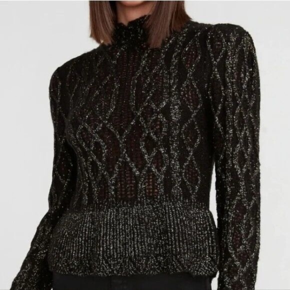 Express Womn S Metallic Wool Alpaca Blend Pointelle Mock Neck Peplum Sweater NWT - Picture 1 of 10
